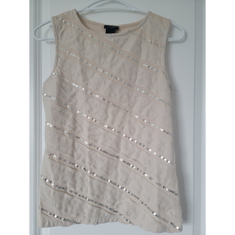 Ann Taylor Womens S Beige Sequin Pleated Sleeveless Knit Shell Top Cream Blouse